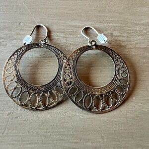 Boho Crescent Dangle Earrings Silver Tone Vintage Style Etched Openwork